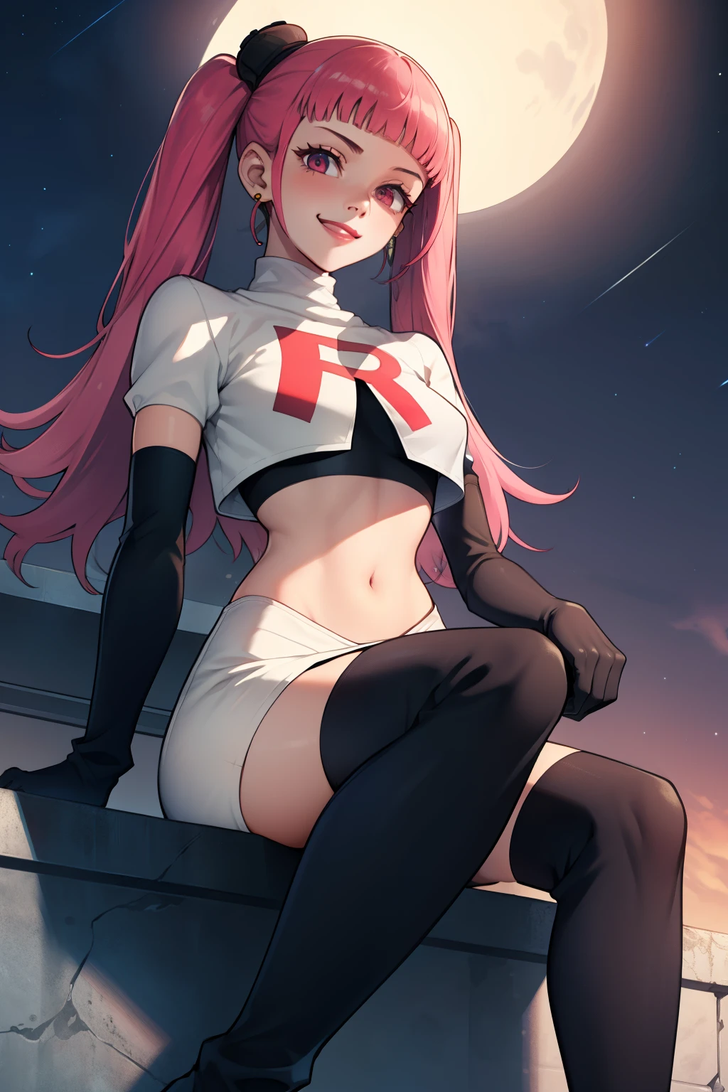hilda valentine goneril,pink hair,twintails,lipstick, earrings,military uniform,white military hat ,team rocket, team rocket uniform, red letter R, white skirt, white crop top, black thigh-high boots, black elbow gloves, evil smile, looking down on viewer, sitting down ,legs crossed, night sky background