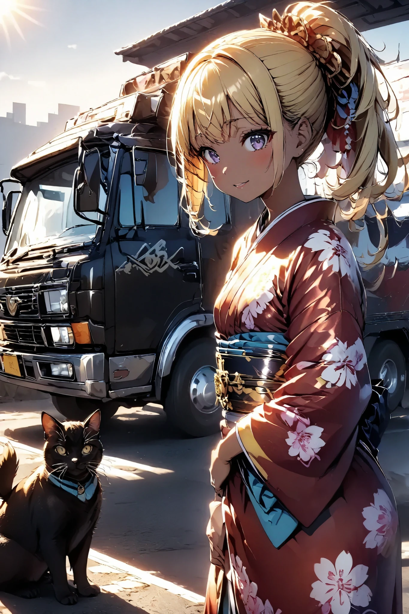 1 GIRL STANDING NEXT TO A Dekotora, ground vehicle, motor vehicle、  Japanese Kimono, glossy brown skin, small breasts, video, Yellow Hair, ponytail, 