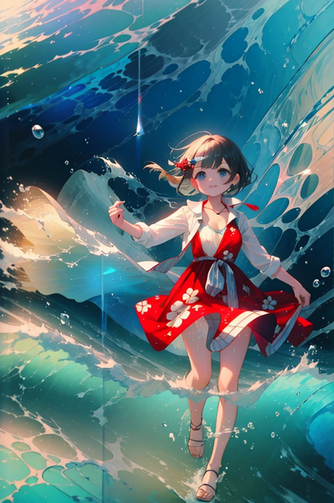 (8k,  super high quality , masterpiece:1.2),  super high res,  one woman,  cute,  small breasts,  blondes, Navy Blue Dress, Red floral pattern, Sandals, Hawaiian Dress, whole body, soaked,  like a ,  best smile , sea, sea水浴, Water Drop, whole bodyにWater Drop,  their chest is soaked in water , Lots of water,  playing in the water, 