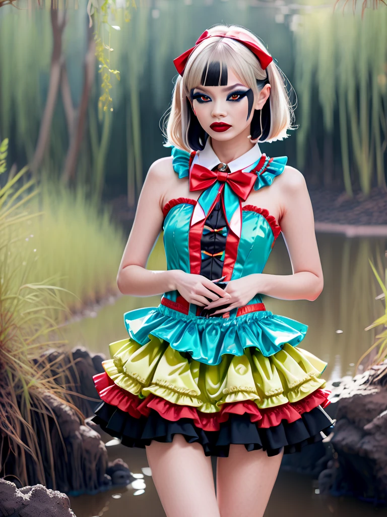 Photo of model Gollum wearing a colorful idol dress, bow, (((make-up))), red (( lipstick)), (((eyeshadow))),  (eyeliner:1.6), outlined eyebrows, collar, cute,  hand on the hip, Swamp background  