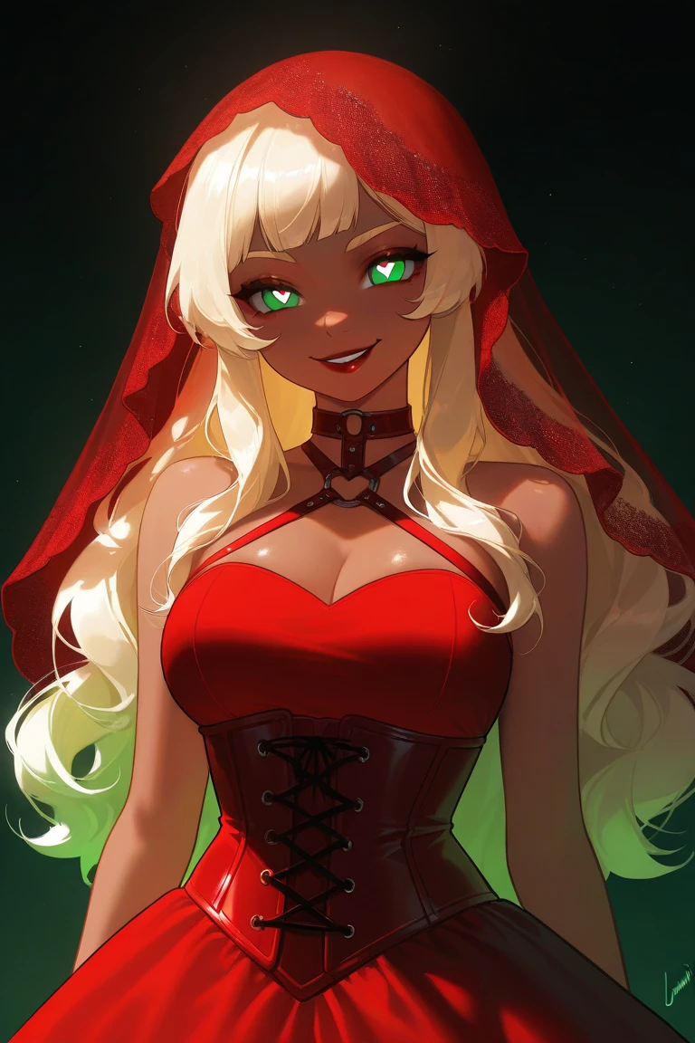 OC, female, semi realism, dark tanned skin, red lips, blonde eyebrows, perfect face, long wavy light Ashe blonde hair with bang,  half-closed Green eyes, cute smile, red glamorous, sweet aesthetic, harness and lace sexy red dress, mystic luminescent, sexy, red velvet veil, dangerous, breasts, danger, held by cables