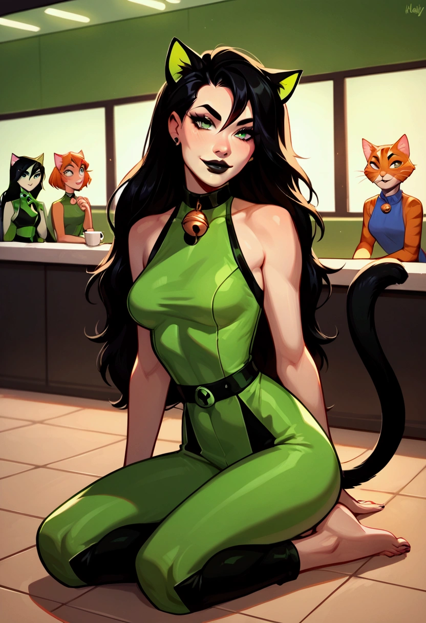 score_9, score_8_up, score_7_up, Shego, 1girl, green eyes, black hair, black lips, medium breasts, half naked, adult, 23 years old, rating_safe, ((the clothing store pet)), wide-shot, cinematic lighting, very unruly hair, (sleeveless bodysuit, clean black and green sleeveless bodysuit), (cat ears:0.5), Slender body, (seductive smile), (collar with bell), (barefoot), cat ears, orange cat tail peeks out from under her, sit on the ground, coffee shop interior, 