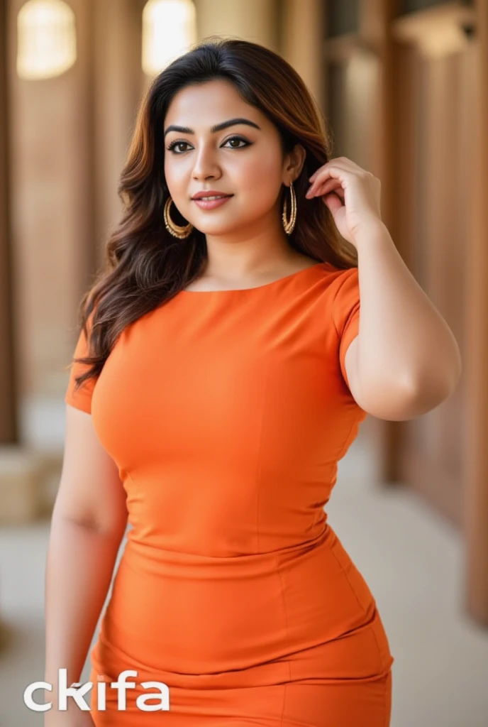 An Indian Muslim woman "Ayesha Khan", age:25, in an orange dress posing for a picture, tight dress, sexy dress, tight attire, skintight dress, she has long orange brown hair, orange skin and long fiery hair, curvy figure, attractive curves, curvy hourglass figure, curvy accentuated booty, curvy model, orange body, red waist-long hair, jaw-dropping beauty, vibrant orange,High Resolution, High Details, UHD, Black Hair, Floating Hair, Large breasts, Full Body Shot 