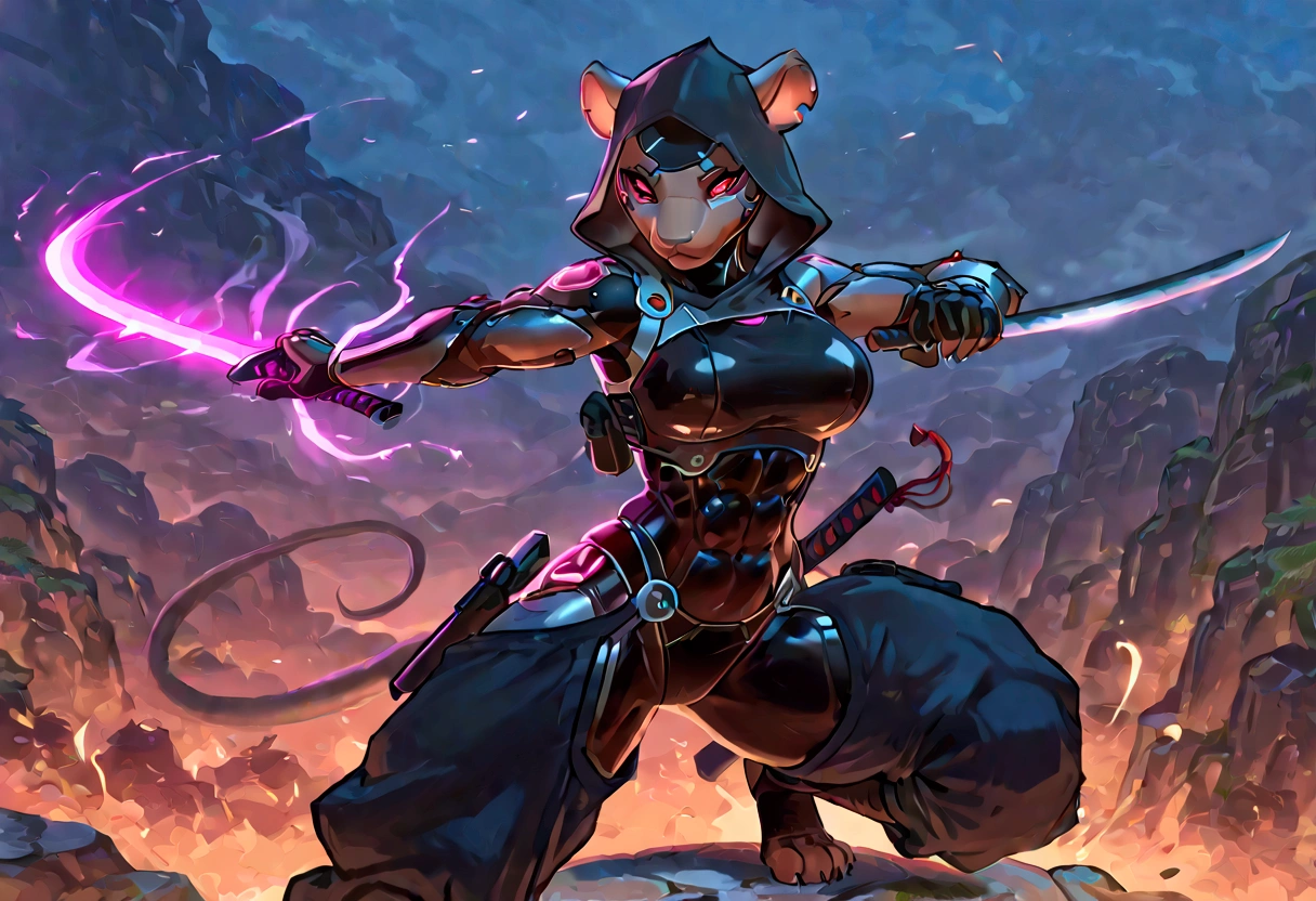 Anthropomorphic rat, Female cyborg ninja, cobra hood, wearing ninja clothes, sexy, well-toned abs, fighting with a sword