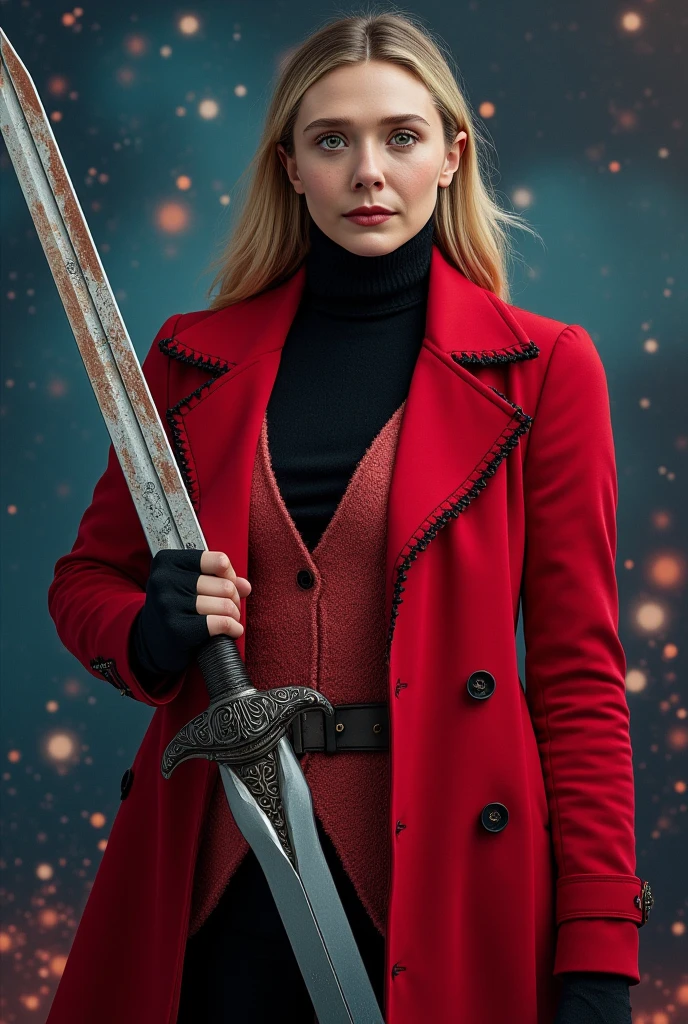 Elizabeth Olsen,red fantasy style trenchocat with light black details,black turtleneck,light red wool vest,black fingerless gloves,holding a great sword,black pants,in a starry cosmo,potrait,