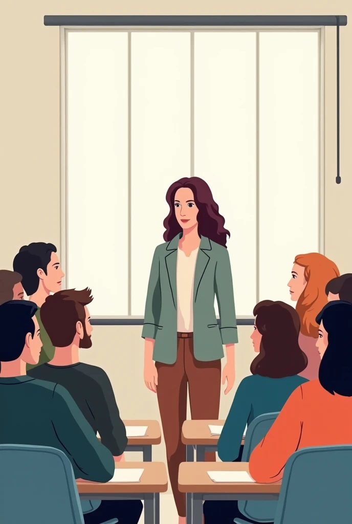 Create an illustration for a website. The illustration shows a professional class with adult students from various backgrounds listening to a female teacher. Make it look like the humaaans illustration