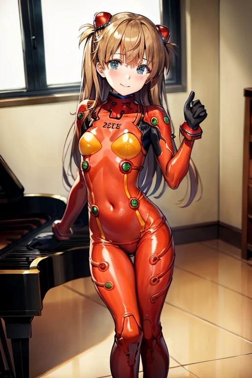 (( top quality )), ((masterpiece)), (be familiar with), perfect face, indoor, bedroom,  watching viewers,
One woman,  Soryu Asuka Langley ,
開いた口,  ecstatic expression beside the piano, blush, smile,
 small tits,  flat chest, Young girl, Lori,  s,  girl,
 long hair,  twin tails,
Leg spread,