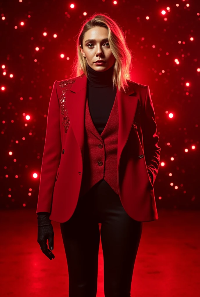 Elizabeth Olsen,red fantasy style trenchocat with light black details,black turtleneck,light red wool vest,black fingerless gloves,black pants,in a starry cosmo,surrounded by a red magical aura,potrait