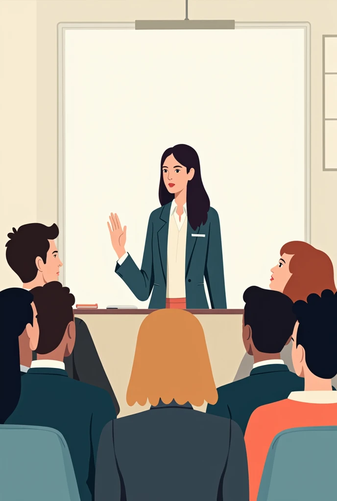 Create an illustration for a website. The illustration shows a professional class with adult students from various backgrounds listening to a female teacher. Make it look like the humaaans illustration . No background
