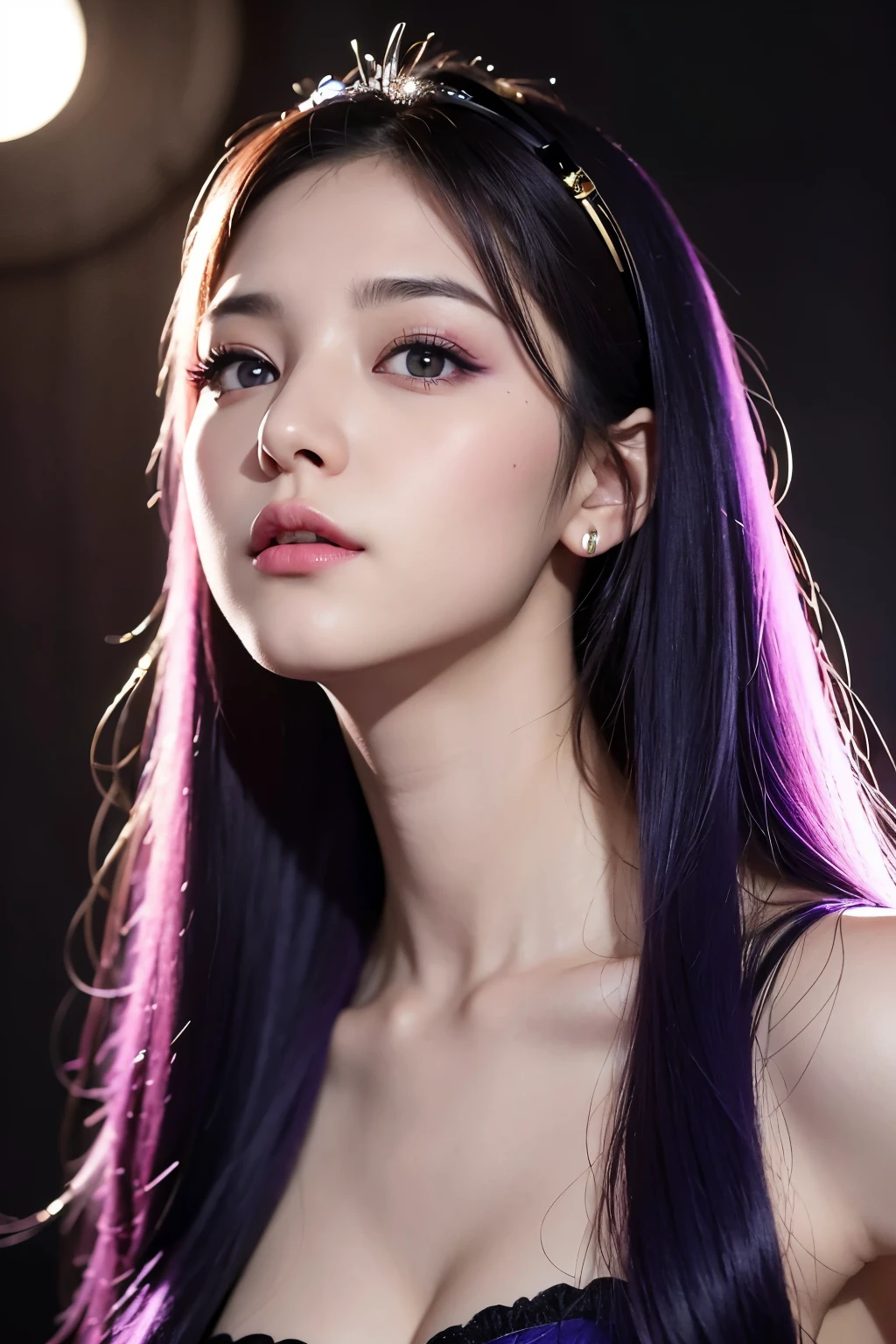 photorealistic, A closeup portrait of a girl, very pretty girl, featuring long, wavy hair in a glowing purple tones. Her purple hair radiate the royal persona. Her large, expressive eyes are a striking grey, while her nose and plump lips add to her charm.