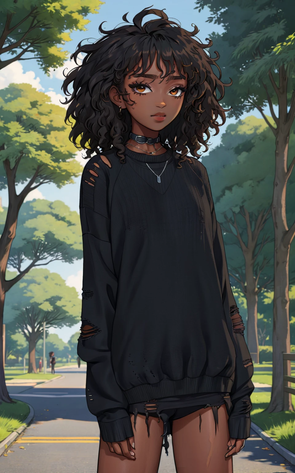 alt girl, digital art, ((professional anime illustration)), (best quality, masterpiece, aesthetic, colorful, dynamic angle, detailed), full body image of posing woman  with black skin and very curly hair wearing oversized (ripped plain black sweater), chocker, detailed face with makeup, park with willows, best aesthetic, soft sunlight 