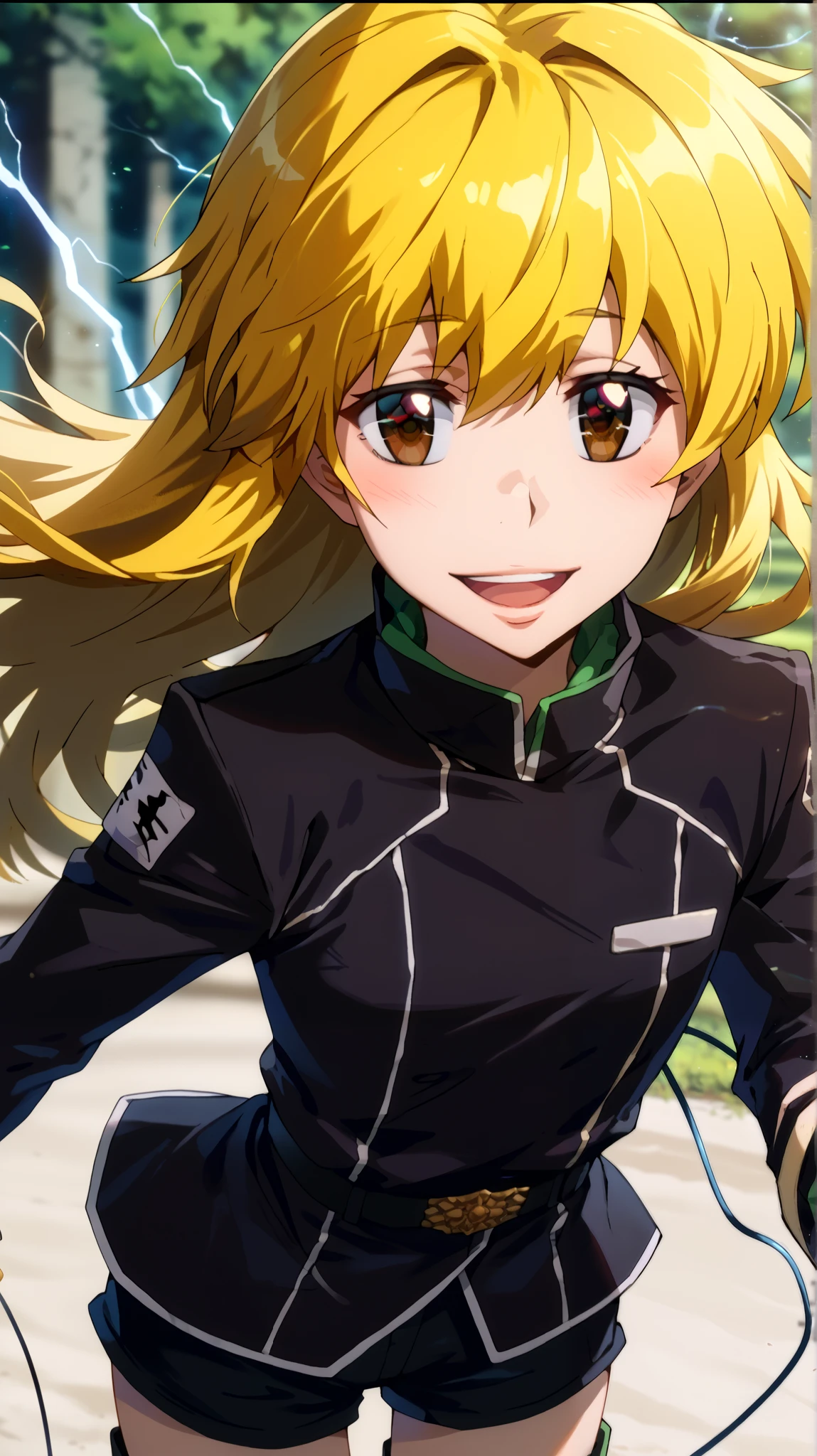  1 girl fights,  clear focus ,  soft lighting , ( Very detailed face  ), ( very detailed eyes  ),  1 adult girl , кареглазая  blonde  ,  Depth of field  , ((  looks at the viewer )),  open mouth , smile,  smiles,  half-turned  (( long yellow hair develops in the wind,  long blond hair to the waist )), shorts,  blonde  ,  leather jacket,  long sleeves,  brown eye  , khaki top  (( military protective top )) , shorts,  black leather thigh length boots  , in the anime style katekyo hitman reborn  ,  against green electric lightning ,  electrical discharges around the body , blush, blushed,  Smile ,  open mouth , open lips, language, жёлтый цвет волос