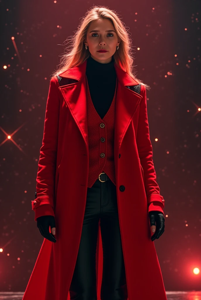 Elizabeth Olsen,red fantasy style trenchocat with light black details,black turtleneck,light red wool vest,black fingerless gloves,black pants,in a starry cosmo,potrait,