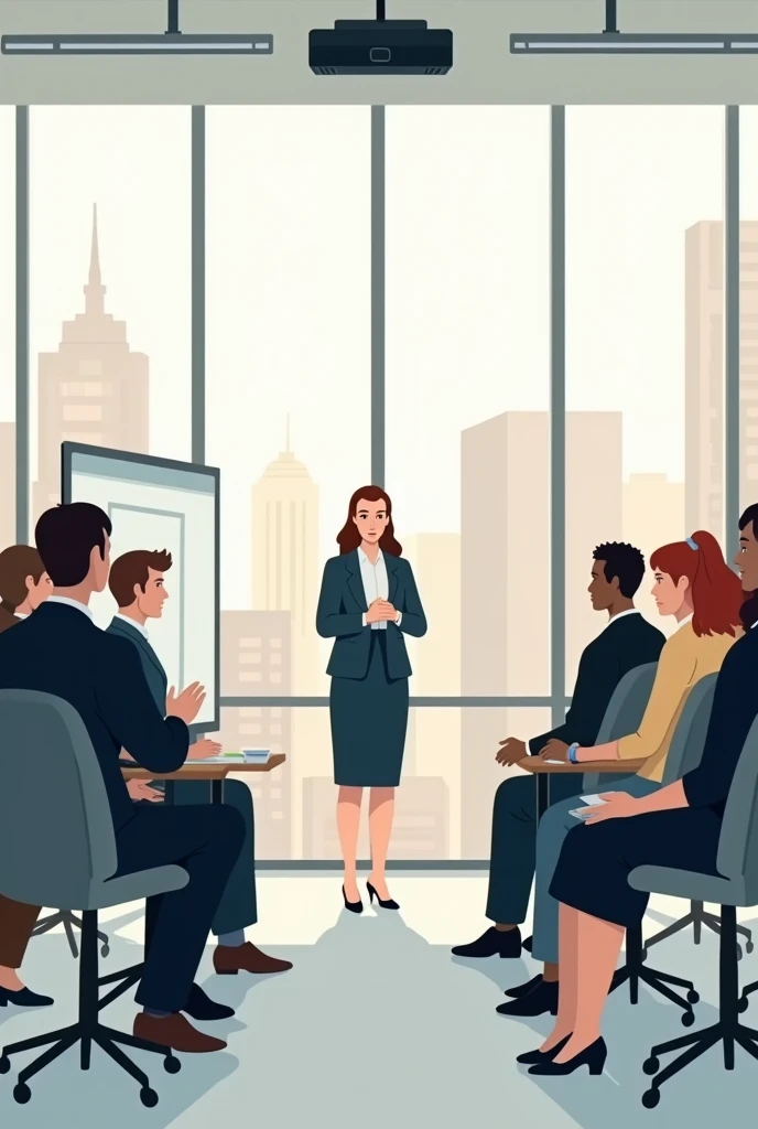 Create an illustration for a website. The illustration shows a professional class with adult students from various backgrounds listening to a female teacher. The class is about security at work, postures, and gestures.  Make it look like the humaaans illustration. 