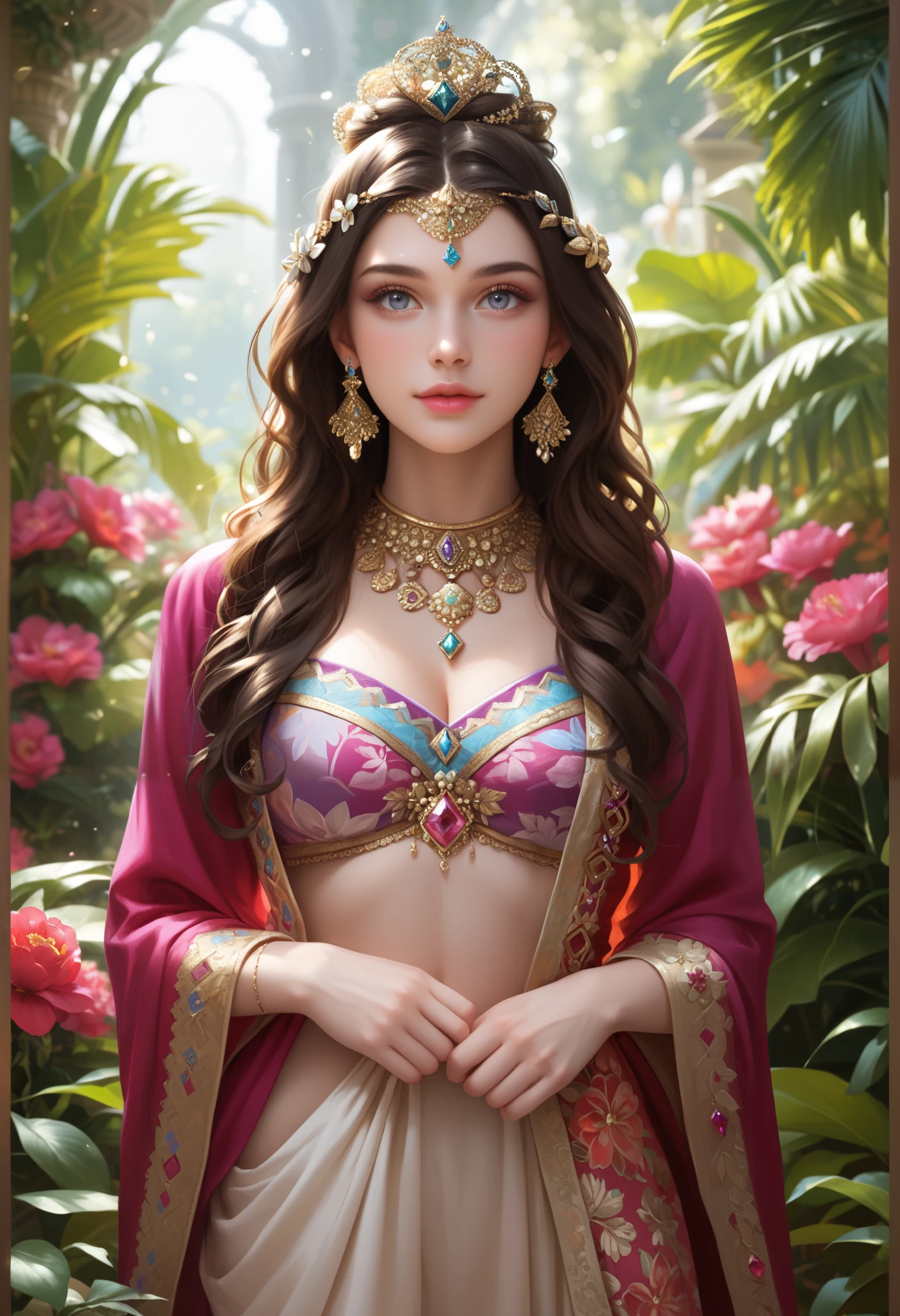 An ethereal Indian princess with an otherworldly beauty that is both captivating and enigmatic. Her features are delicately alien, with large, mesmerizing eyes that seem to glow with an inner light, grey eyes. The iridescent skin shimmers in hues of sapphire and amethyst, reflecting the vibrant colors of her intricately patterned clothing. The princess stands regally, her posture exuding gentle elegance and an air of royal dignity. She has curly brown hair, bun hairstyle, red flower in the hair, adorned with precious gemstones that catch the light and add to the image's dazzling display. The background is a lush, tropical paradise, filled with exotic flora and fauna that seem to spring forth from the canvas itself. The princess's crown, ornate and intricate, rests gracefully upon her head, completing the stunning portrait that blends fantasy and science fiction into a richly imaginative world.