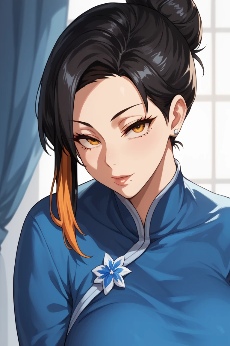 Black hair, mature woman, orange eyes, orange highlights, hair bun,Blue dress, anime style,Mole near the mouth