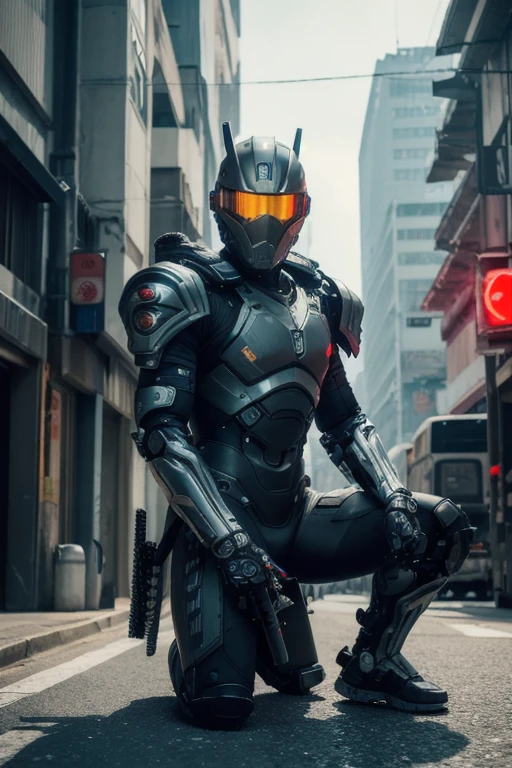 Silver robot man,  cyberpunk,  futurist,  dans une ville apocalyptique 