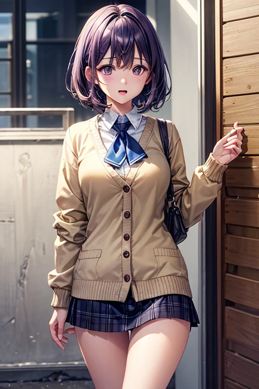 (Very Detailed CG Unity 8k 壁紙),(masterpiece), (Highest quality), (Very detailed), (Best illustrations),(Best Shadow),medium Breasts,,Purple eyes and purple very short hair,,White blouse,Blue tie,Checked mini skirt,  beige cardigan,One person