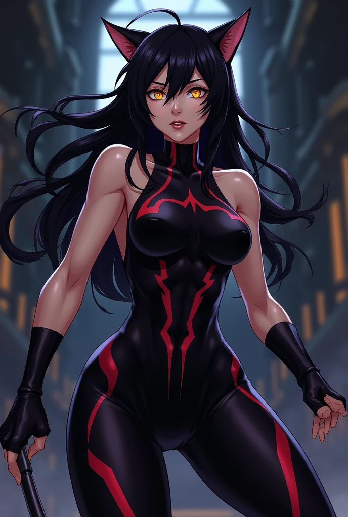 A girl with long straight dark hair, eyes with dark pupils, She has defined muscles and thighs, but that's normal for a beautiful woman., she wears dark pants and does not wear a shirt showing her medium breasts, and a dense dark energy over your body, which only covers your arms leaving them completely dark, her aura is completely dark and only covers her arms, leaving her bare breasts exposed, She has two dark arms because of the dark energy that surrounds her body, totally dark aura in the form of a dense cloud