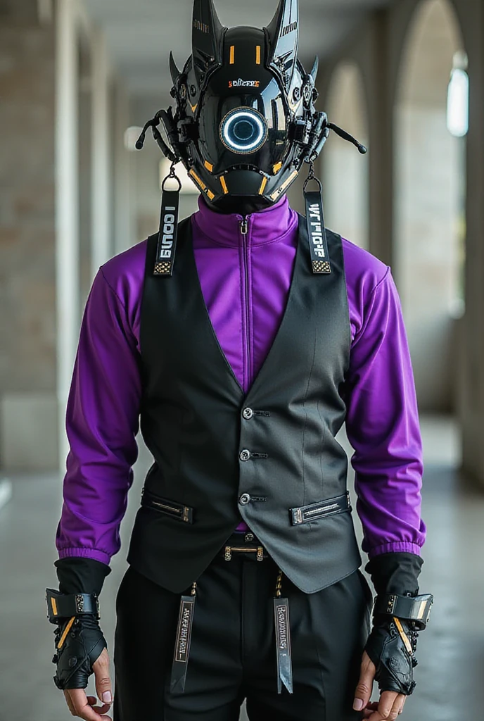 male figure,cybernetic helmet,purple fantasy style turtleneck,black button up vest with gold details,fingerless gloves