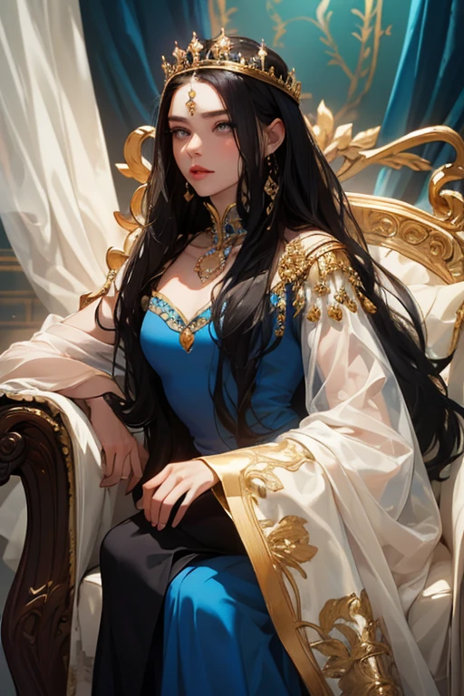 A close-up shot of a stunning, mature woman with porcelain-like skin and piercing eyes. Her raven hair cascades down her back like a waterfall of night. She sits poised, her long fingers resting on the armrest as she gazes directly into the lens, exuding an aura of calculated charm. The soft, golden lighting accentuates her features, making her seem almost otherworldly. In the background, a subtle, eerie mist clings to the dark, ornate furnishings, hinting at the sinister undertones beneath her beguiling beauty.