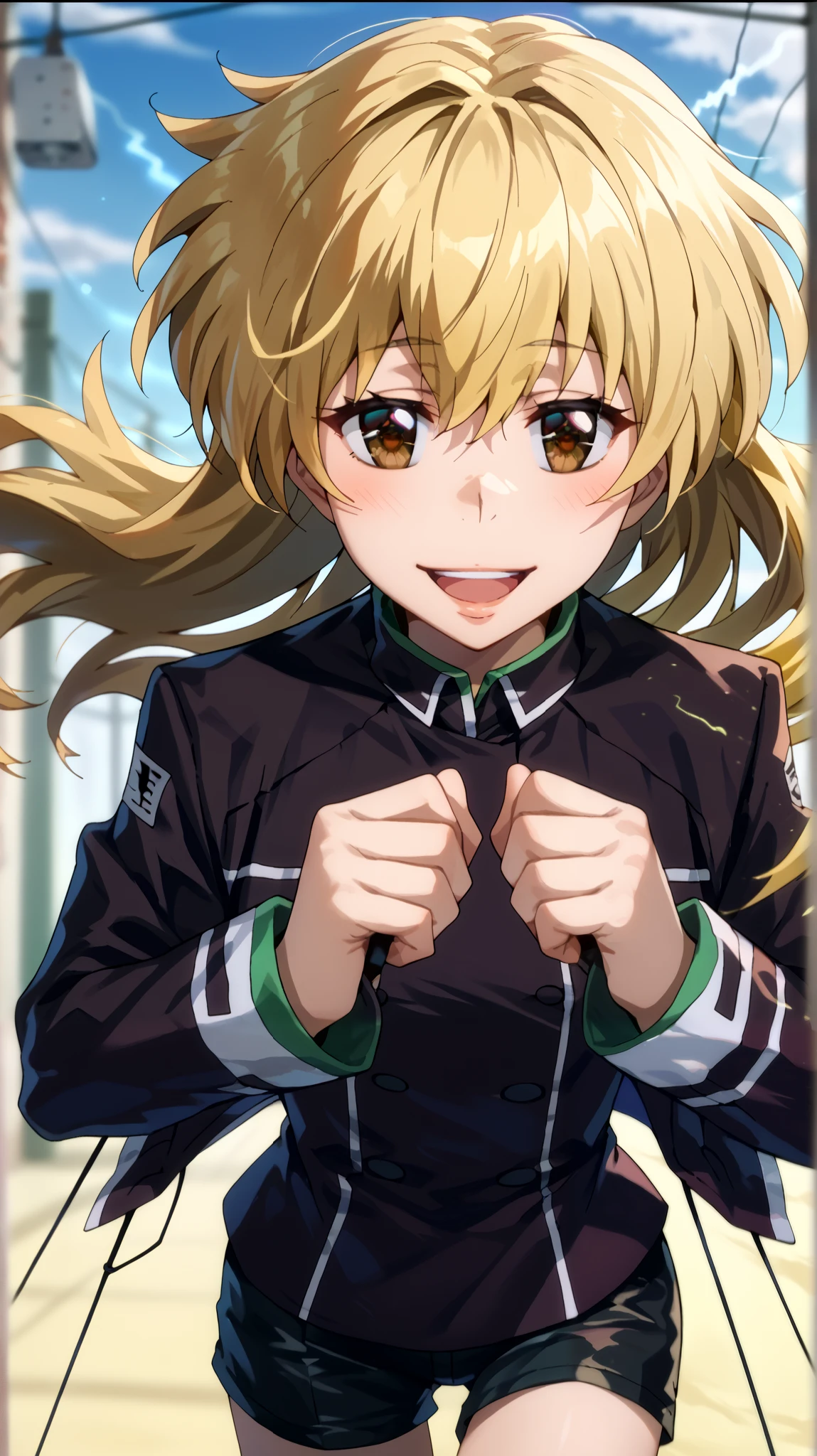  1 girl fights,  clear focus ,  soft lighting , ( Very detailed face  ), ( very detailed eyes  ),  1 adult girl , кареглазая  blonde  ,  Depth of field  , ((  looks at the viewer )),  open mouth , smile,  smiles,  half-turned  (( long yellow hair develops in the wind,  long blond hair to the waist )), shorts,  blonde  ,  leather jacket,  long sleeves,  brown eye  , khaki top  (( military protective top )) , shorts,  black leather thigh length boots  , in the anime style katekyo hitman reborn  ,  against green electric lightning ,  electrical discharges around the body , blush, blushed,  Smile ,  open mouth , open lips, language, жёлтый цвет волос