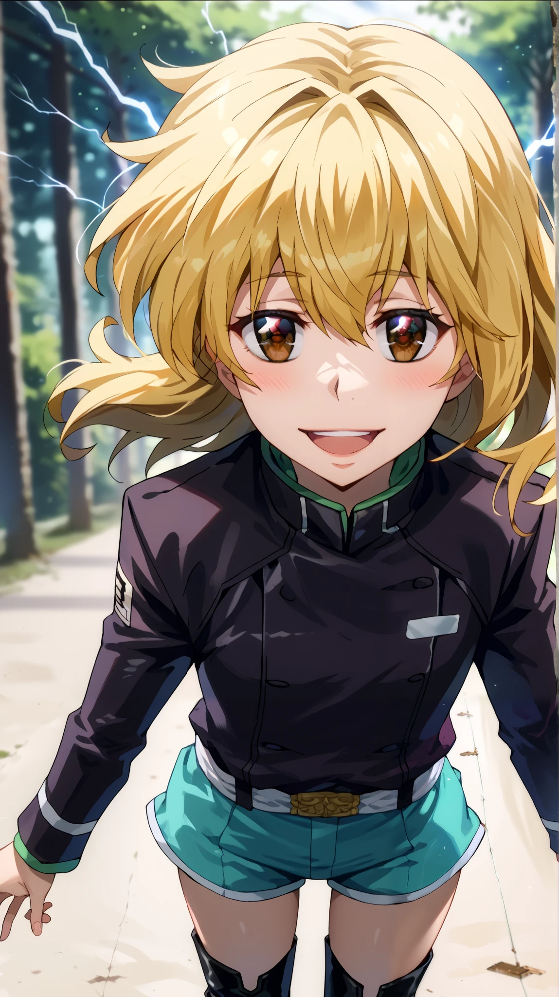  1 girl fights,  clear focus ,  soft lighting , ( Very detailed face  ), ( very detailed eyes  ),  1 adult girl , кареглазая  blonde  ,  Depth of field  , ((  looks at the viewer )),  open mouth , smile,  smiles,  half-turned  (( long yellow hair develops in the wind,  long blond hair to the waist )), shorts,  blonde  ,  leather jacket,  long sleeves,  brown eye  , khaki top  (( military protective top )) , shorts,  black leather thigh length boots  , in the anime style katekyo hitman reborn  ,  against green electric lightning ,  electrical discharges around the body , blush, blushed,  Smile ,  open mouth , open lips, language, жёлтый цвет волос