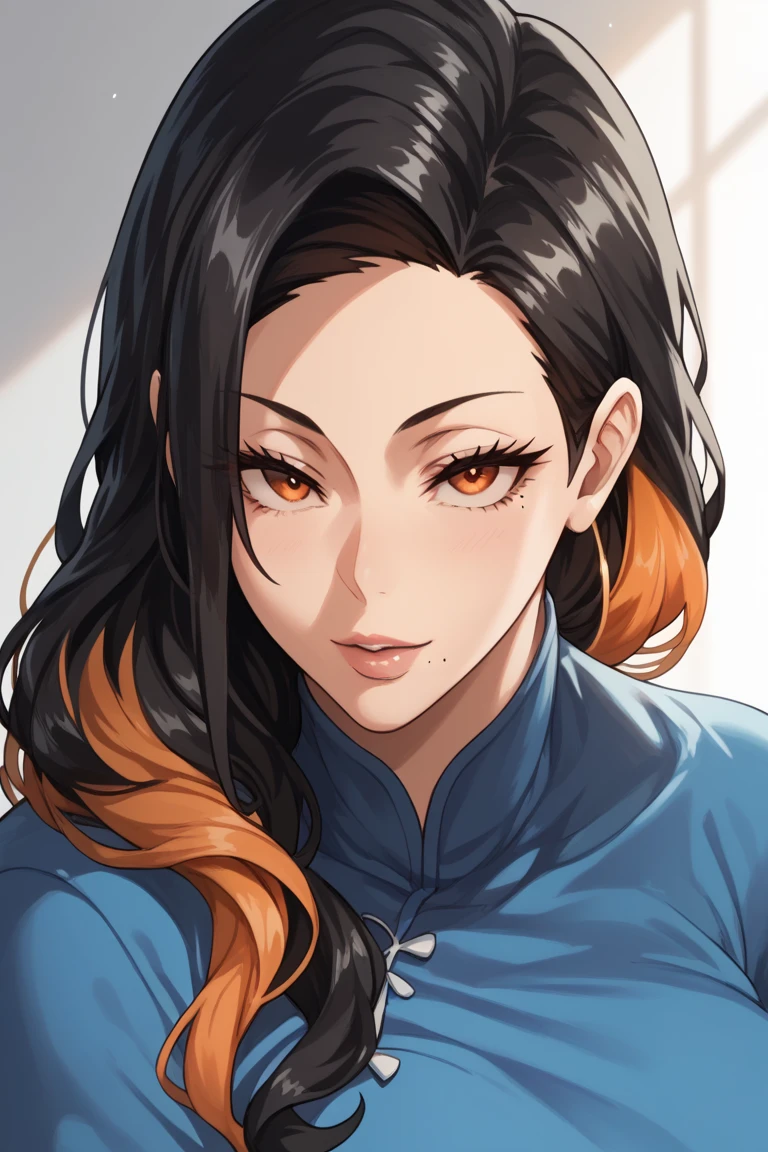 Black hair, mature woman, orange eyes, orange highlights, long hair,Blue dress, anime style,Mole near the mouth