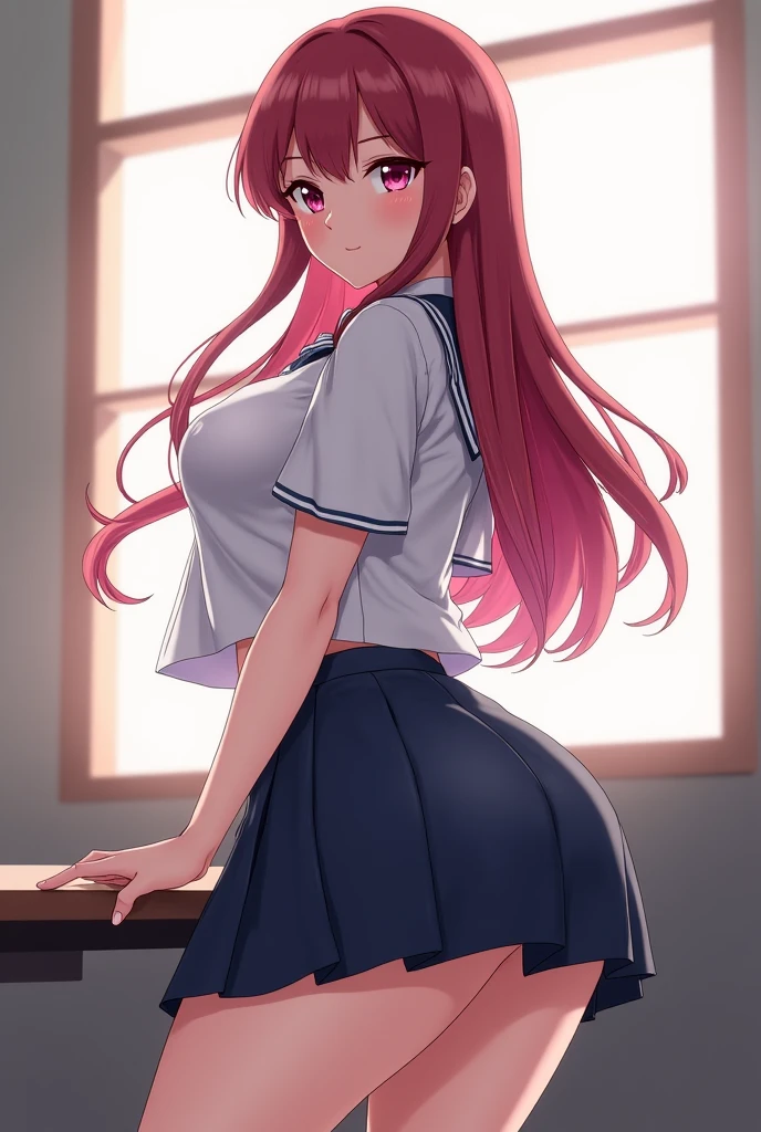 (best quality,ultra-detailed),bedroom,beautiful girl,blushing heavily,clearly visible perfect derrière,skirt,panties,view from behind,portraits,vivid colors,soft lighting