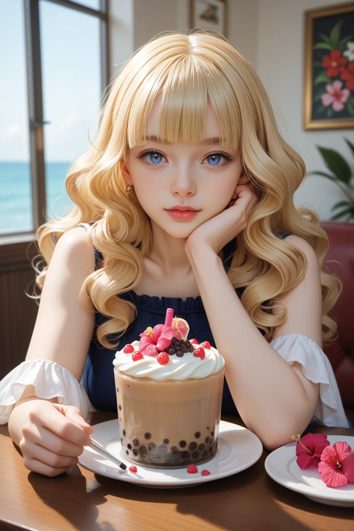 score_9, score_8_up, score_7_up,source_real, BREAK
1girl, scales, hibiscus, fortune telling ball, bubble tea, cake, Looking at viewer, blunt bangs, blonde hair, wavy hair