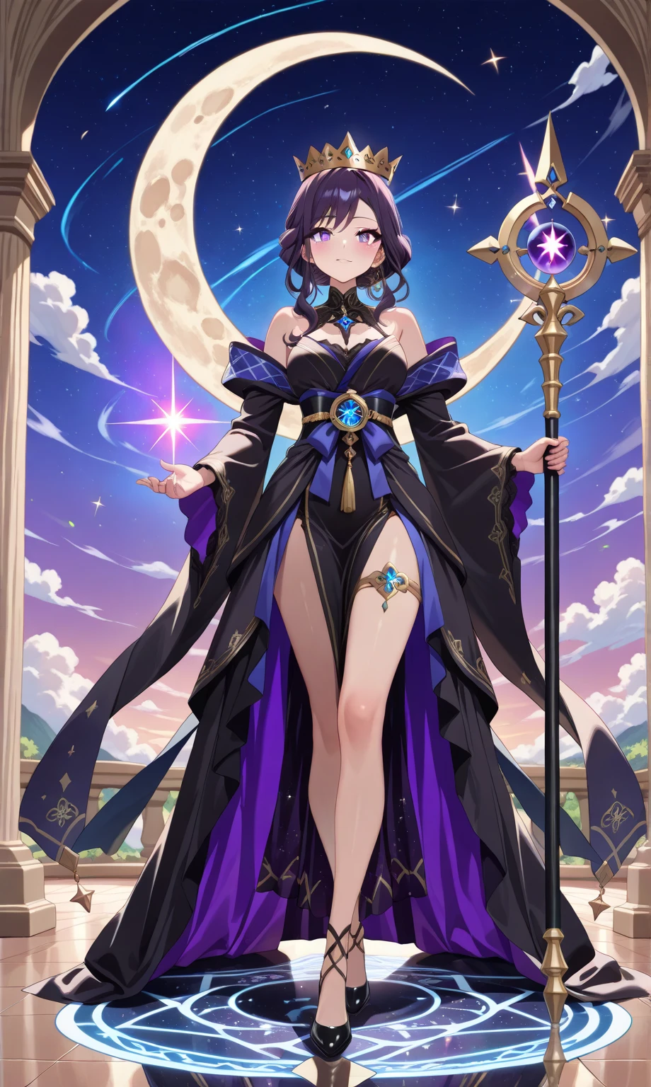 1 mature woman,,(Highest quality,Extremely detailed depiction,Incredibly absurd high resolution,Anatomically accurate depiction,Curvy Legs,Shiny skin),(Sexy astrologer),(A face veil that hides the mouth:1.5),(Luxurious accessories,Earrings,necklace,Bracelet,Long gloves,Intricately crafted costumes,See-through,black tights),eyelash,(Purple Eyes,Detailed pupil,Half-closed eyes:1.5,Crazy Eyes,There is cleavage in the chest,Bewitching Smile,shiny purple lips),(Holding a mysteriously glowing crystal ball:1.3),background:Sea of stars:1.5,Mysterious atmosphere,Nature,universe:1.3,Milky Way,meteor,Big Moon