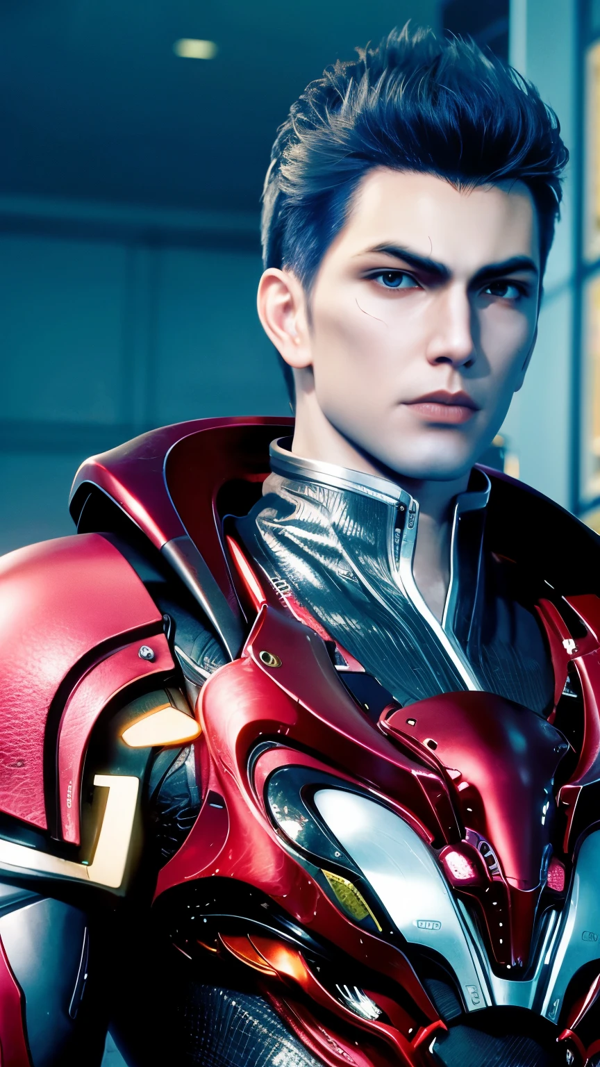 A man with a futuristic face and chest, Man wearing a futuristic helmet , ( 1 boy:0.630), (Black Hair:0.728)