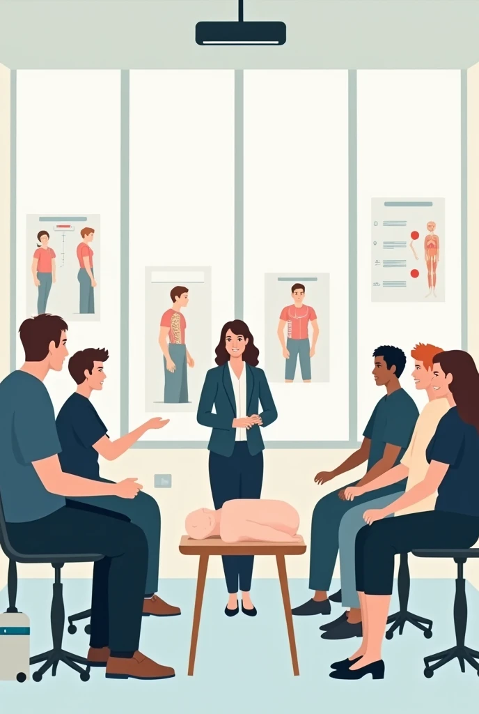 
"Professional workplace training class, (students practicing with CPR mannequin:1.3), multiple students performing safety exercises, medical dummy, (anatomical training model:1.2), diverse adult students, female instructor teaching, clean illustration style, flat design, modern classroom setting, training room, soft colors, minimalist background, instructional posters on wall, (ergonomic posture diagrams:1.1), safety demonstration, (hands-on training:1.2), professional attire, business casual, educational environment, high quality, clear details
Negative prompt: realistic, photographic, dark, busy, cluttered, ren, messy, distorted anatomy, blurry, low quality"