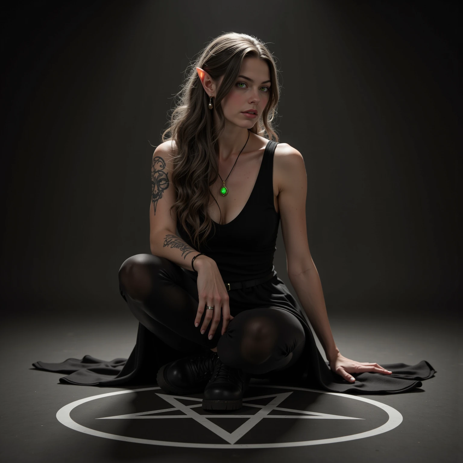 a elf in her early thirties, androgynous, realistic, (glowing (green eyes)), she sits on a pentagram drawn on the ground., (((((very long)))) curvy ash hair combed behind the ear), (Warm realistic lighting, backlight, studiolight, (((darkgray simple background)))), (Super Detailed)