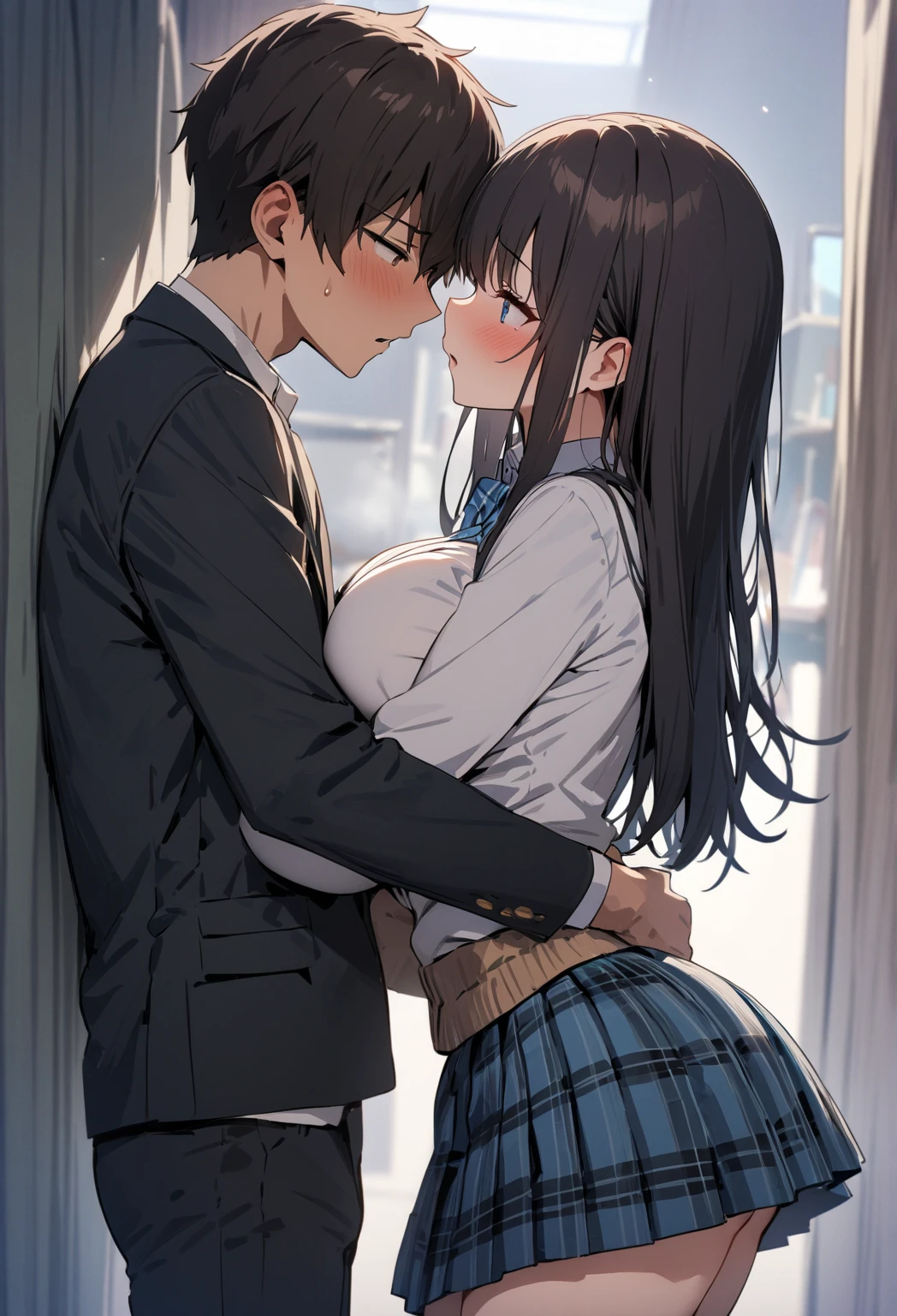 masterpiece, anime image of a man and a woman in a room,, , couple pose, a woman is bra and skirt and glasses and gray Plaid pleated skirt,
