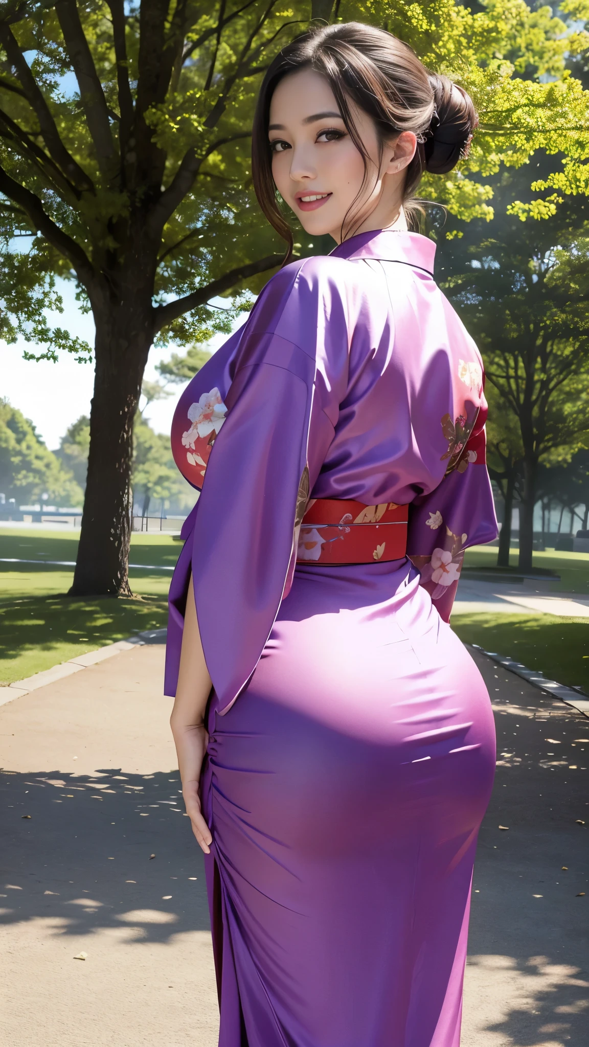 Best quality, masterpiece, ultra high res, in a park, (photorealistic:1.4), smiling, one beautiful woman,big buttocks),((sweaty)), (kimono), Huge ass，Huge Large breasts, silk clothes, polite dress, beutiful kimono