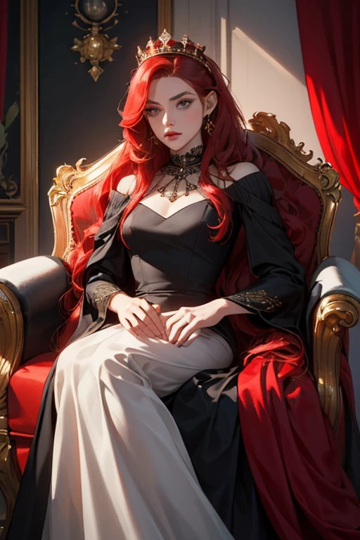 In the dark castle throne room on the huge royal throne in seductive pose siting beatiful demon queen, She have beautiful face with pink eyes rakr eye shadows and dark lipstick sexy make up, golden ring shape earrings on her ponty ears. she have long gorgeous bloody red hair.. dressed in majestic sexy black royal robe with golden metal parts, also she have tattoo all over her body her hands have lonf beautiful nails, (ultra high quality fantasy art, ghothic dark fantasy style, masterpiece, ultra high quality character design, 8k quality anime art, realistic anime art, top quality wallpaper illustration, detailed ultra high quality accurate face, high quality design and accurate physic)
