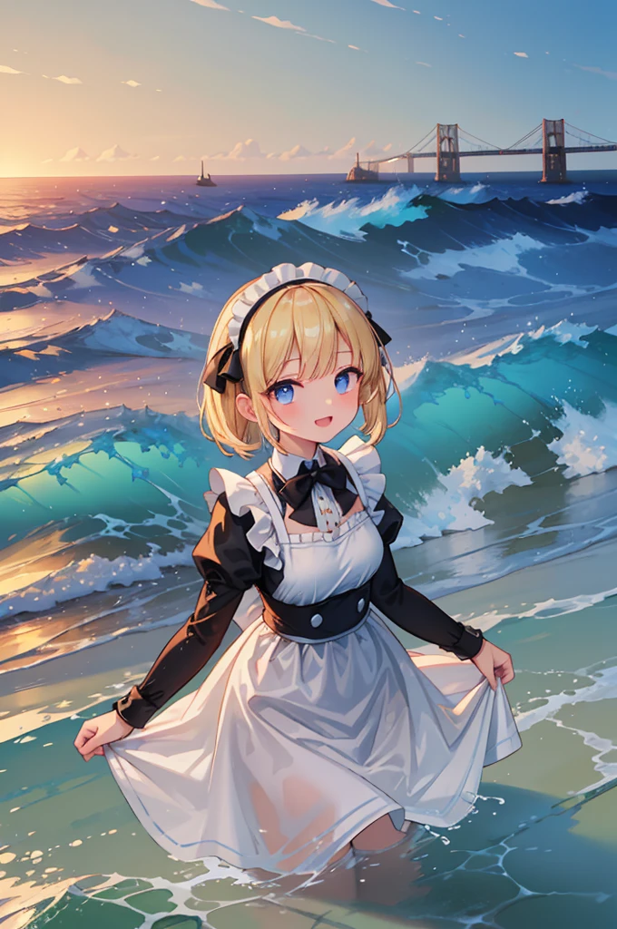 (8k,  super high quality , masterpiece:1.2),  super high res,  one woman,  cute,  small breasts,  blondes,  in white and black maid clothes ,  headband ,  blue bow ,  apron dress, whole body, soaked,  like a ,  best smile , sea, sea水浴, Water Drop, whole bodyにWater Drop,  their chest is soaked in water , Lots of water,  playing in the water, A hand soaked in water, 