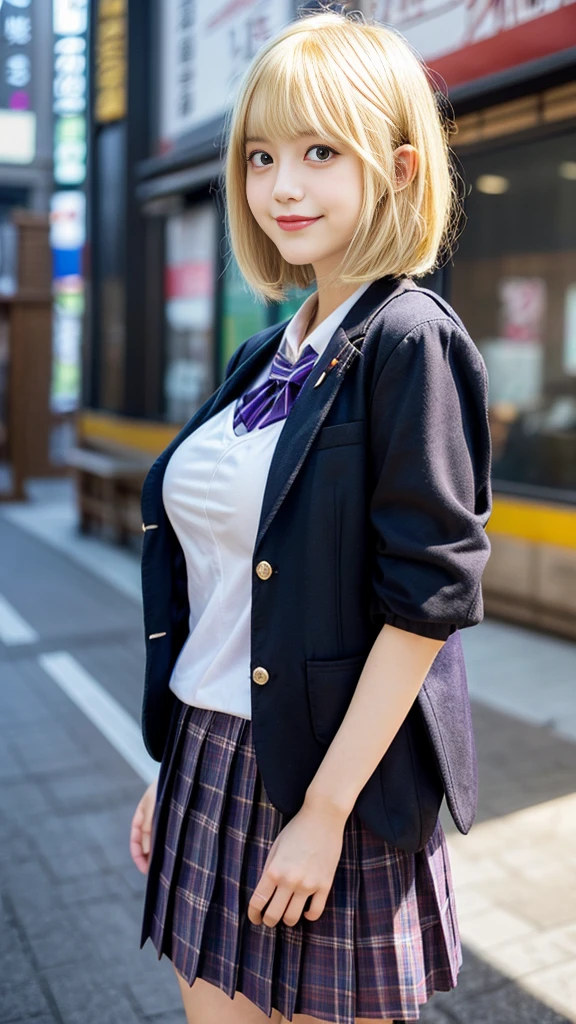 (masterpiece, best quality, ultra high res, photorealistic, 8k, RAW photo, detailed shadow, sharp focus, ultra detailed, absolutely resolution:1.2), urtra-detailed face BREAK 1girl, (cheerful Japanese 18yo high school gir like Nogizaka46 member:1.8) BREAK ((blonde)short hair:1.6)), ((bob cut)), (bang:1.1), silky hair, looking at viewer, (idol face:1.3), (detailed eyes and face:1.0), (orgasm;1.9), (huge breasts:1.3), (Busty breasts:1.3), (narrow waist:0.5), small ass, (glamorous:1.5) BREAK (School Uniform:1.3), (school blazer:1.3) BREAK school, (Cowboy Shot:1.3), (from below:1.8), (ChichiBukuro:1.8)
