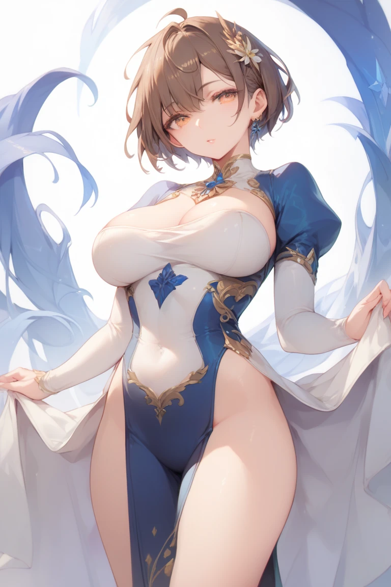  A girl, standing,  Brown hair , very short hair with the tips facing out,   shining golden eyes,  very large breasts,  wearing a dress with tight sleeves long black with double opening bottom, with a tight iron chest  