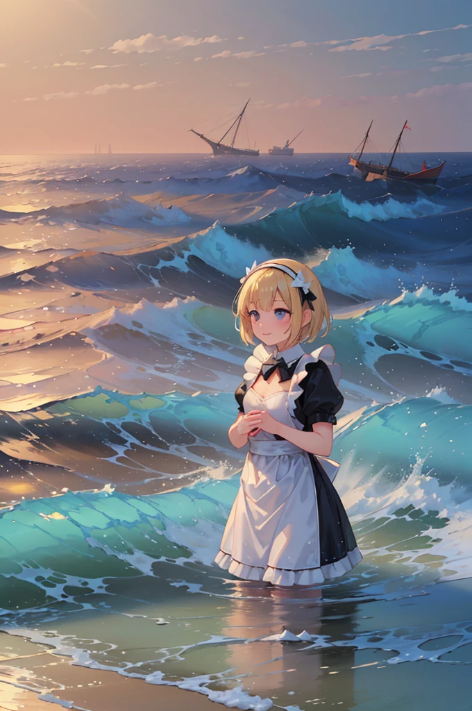 (8k,  super high quality , masterpiece:1.2),  super high res,  one woman,  cute,  small breasts,  blondes,  in white and black maid clothes ,  headband ,  blue bow ,  apron dress, whole body, soaked,  like a ,  best smile , sea, sea水浴, Water Drop, whole bodyにWater Drop,  their chest is soaked in water , Lots of water,  playing in the water, A hand soaked in water, 