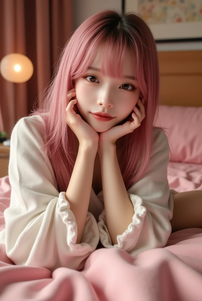 The pieces fly, Highest quality, figure, Very detailed, The finer details, High resolution, 8k,wallpaper, Perfect dynamic composition, Beautiful attention to detail, White camisole,Short Bob Hair、Pink Hair Color,Big Natural Color Lip, Bold sexy pose, Cold Stare, 20-year-old girl、Cute type、Good Eyes、Sleeping in bed、Hold your head、Simple Background