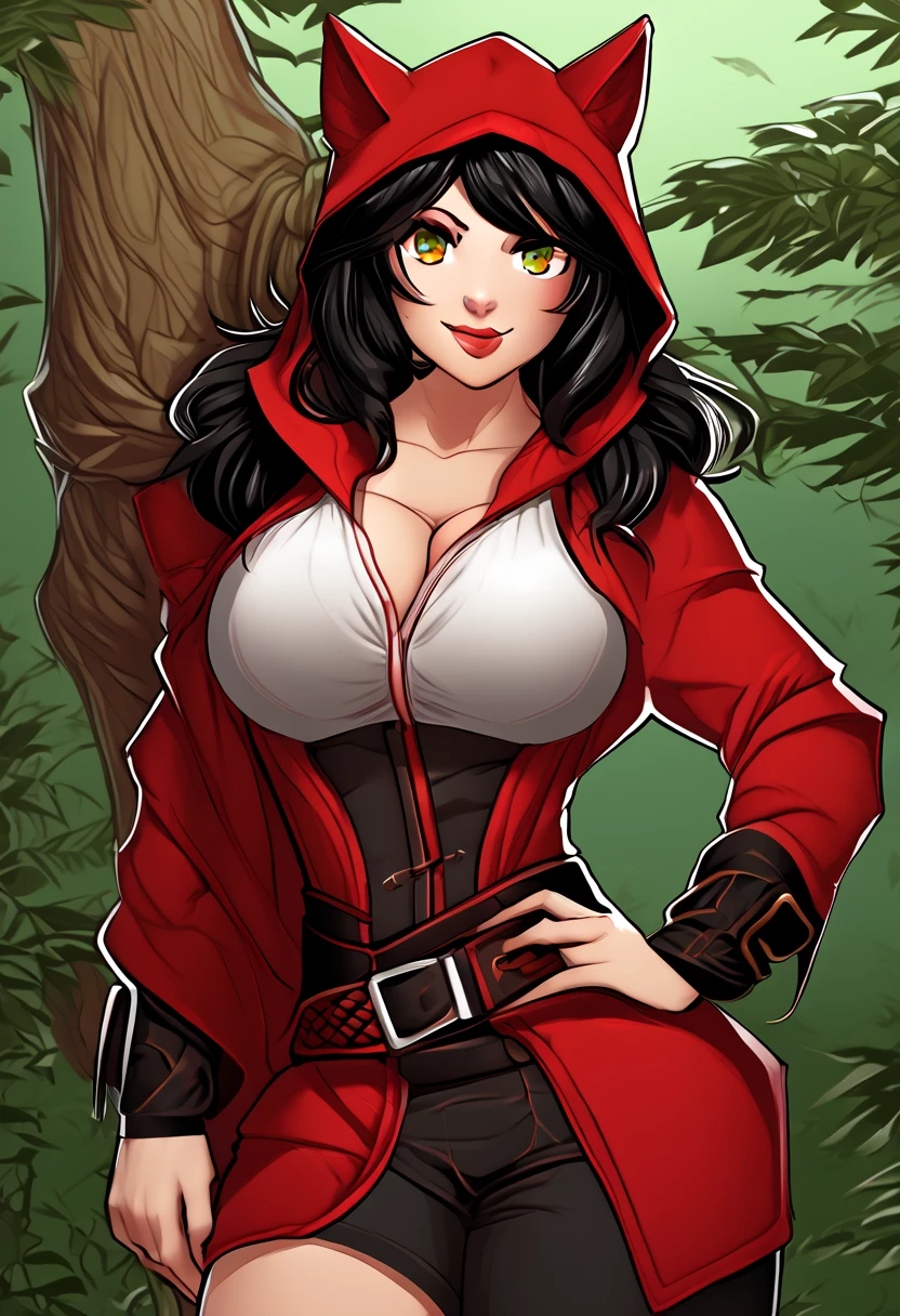 mature woman, medium length and disheveled black hair, piebaldism, diastema, light green eyes, sharp canine teeth, chubby cheeks, thin waist, thick thighs, big butt, medium breasts, tattoos on left arm, determined smile, sensual pose, steampunk little red riding hood, adult, sensual, deep and sensual look, red hood, red cape, Arcane, full body, high quality, holding a red and black pocket knife, bad aura, dark Forest background, skinny