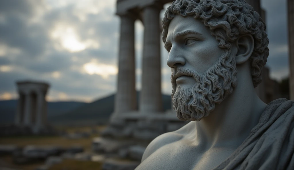 Closeup of a stoic Greek sculpture, virile physiques showcased prominently from the forefront, undeniably reminiscent of a statue of Marcus Aurelius or Zeus, muscle sinews intricately carved in stone, dominant Greek columns obscured gently in the background, cinematic ambiance, 8K resolution, steeped in obsidian hues, with a cloudy and mysterious atmosphere, ruins of a Greek temple visible in the background, faint rays of light breaking through the overcast sky.