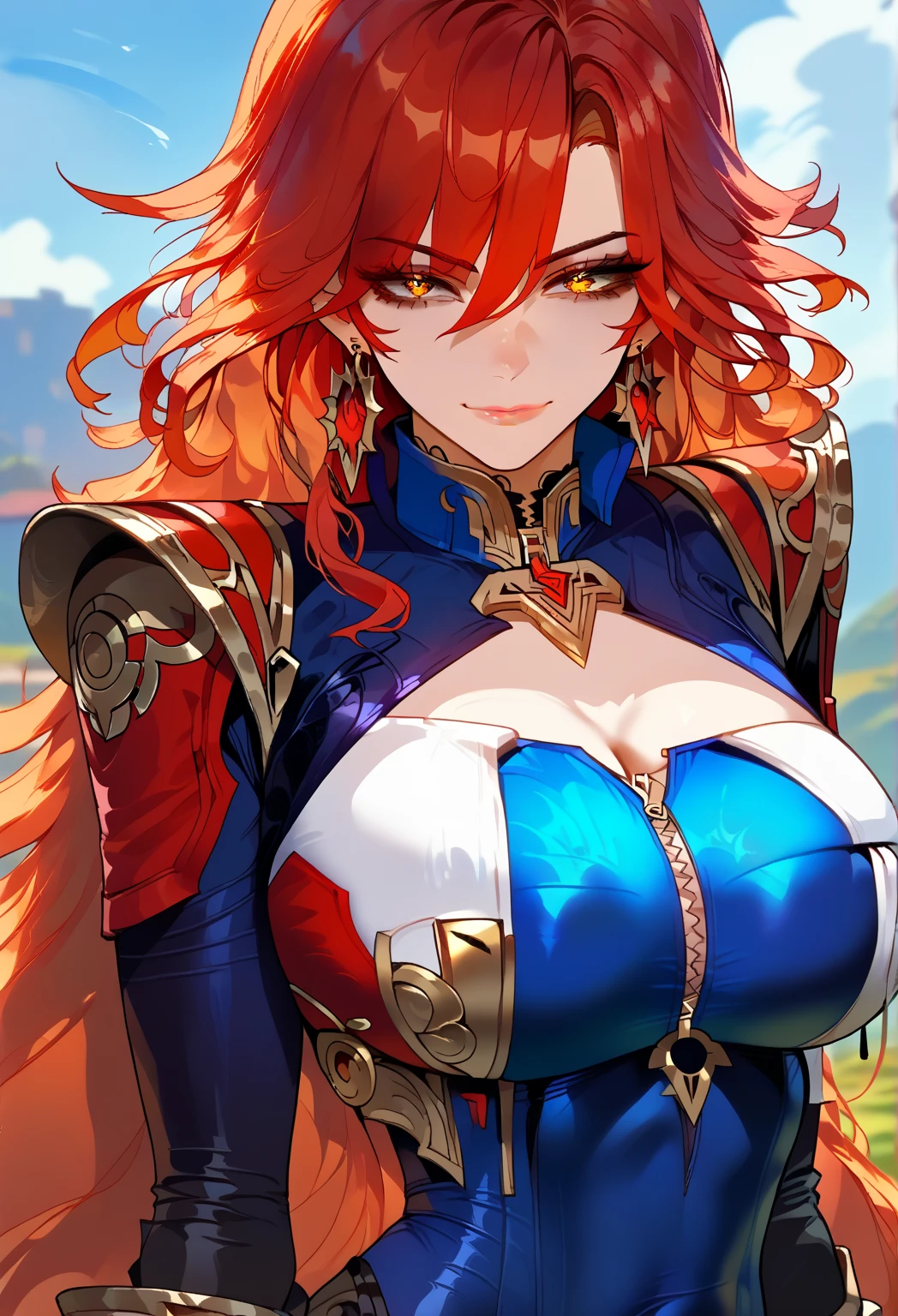 score_9,score_8_up,core_7_up,   mavuika-gi, 1girl, breasts, solo, long hair, cleavage, large breasts, sky, looking at viewer, blue sky, bangs, smile, outdoors, cloud, bodysuit, day, gloves, covered navel, earrings, jewelry,Rubor, leceria trasparente roja carmesi 