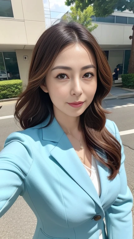 (a masterpiece portrait of a woman with ultra detailed features, in 8K resolution, with crisp quality and vibrant colors)、(from front、 facing the front:1.4)、Woman walking along an office street、 beautiful Japanese woman、She is full of confidence、50 years old、Alone、 Staring at the Audience :1.8、 Wearing a Business Suit 、Female CEO、Formal hairstyle、Marunouchi office district、sunny