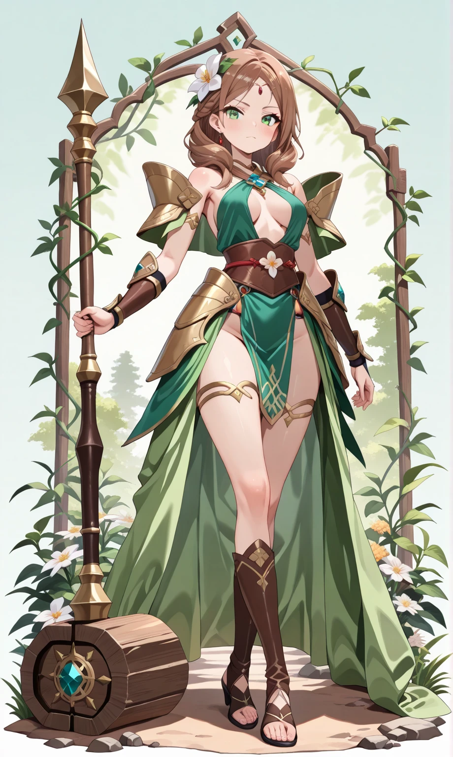 Elven knight, fantasy, plate gauntlets, plate greaves, butt cape, blonde hair, smiling, large sword, action pose, bikini armor, pasties, busty, plate boots, delicate, soft features, beautiful detailed face, shiny skin, elegant, beautiful, messy bun, thick thighs, large ass, huge breasts:1.3, upper body, thick, skindentation