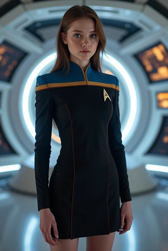 a young girl as a starfleet ensign, short dress, flat chest