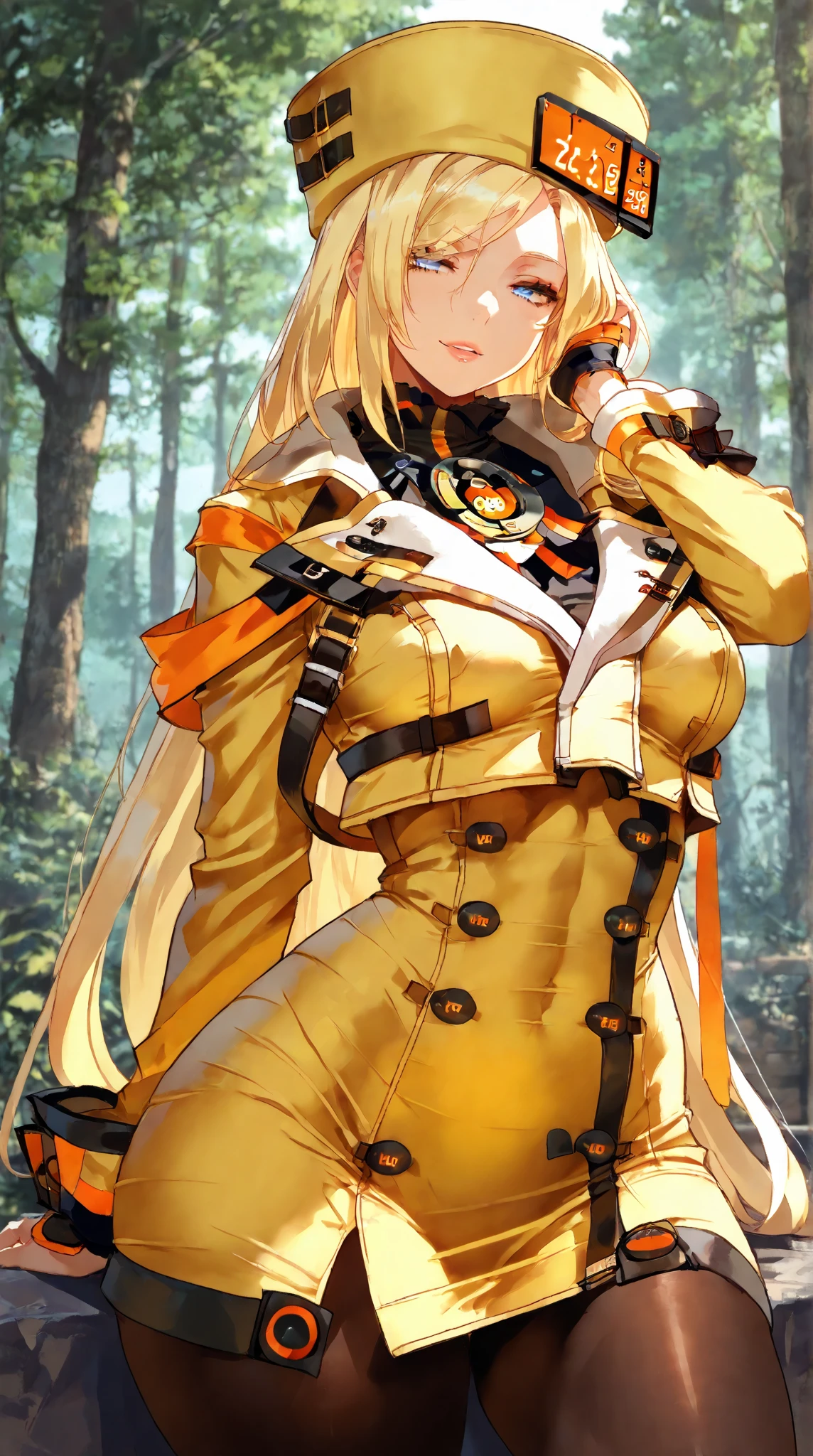 1girl, millia rage , guilty gear,cowboy shot, forest, hand on ear,medium large breasts, parted lips,seductive smile, town pantyhose, ,, masterpiece, best quality, amazing quality, detailed background, intricate details