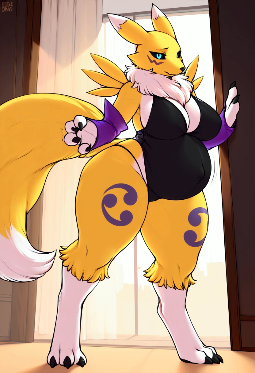 Renamon, digimon, furry,  yellow fur, big tits, big booty, piercings, slut, nude, full body, by_sligarthetiger